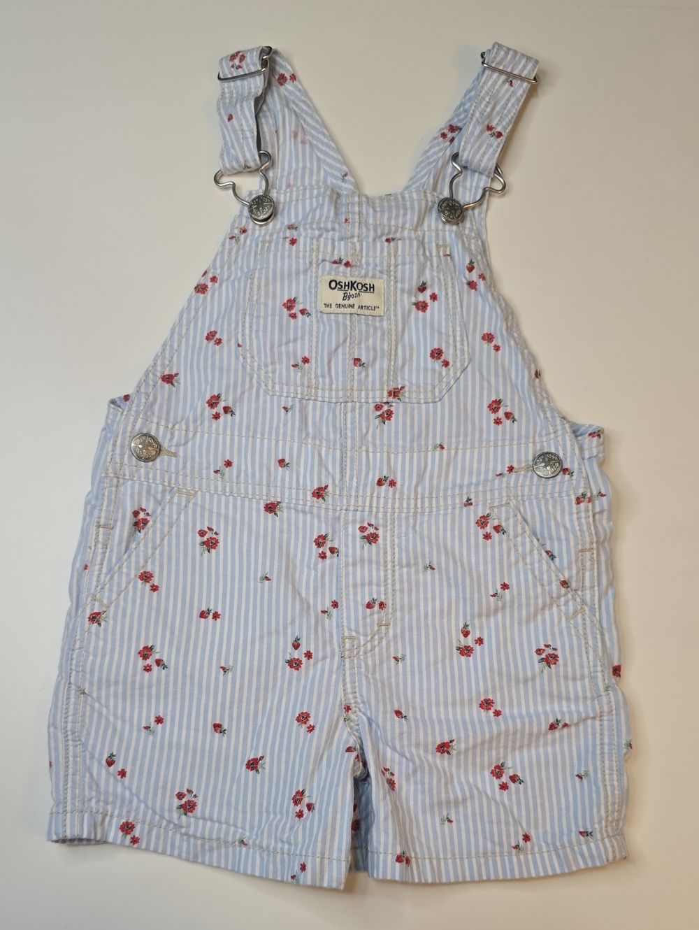 OshKosh B'gosh Blue & White Striped Short Overalls with Red Floral Print